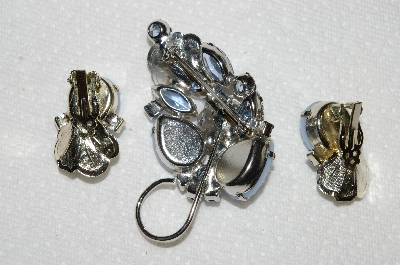 +MBA #E53-090   "Vintage Fancy Enameled  Blue Glass Stone & Rhinestone Floral Pin & Earring Set"