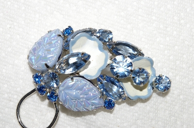 +MBA #E53-090   "Vintage Fancy Enameled  Blue Glass Stone & Rhinestone Floral Pin & Earring Set"