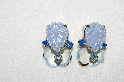 +MBA #E53-090   "Vintage Fancy Enameled  Blue Glass Stone & Rhinestone Floral Pin & Earring Set"