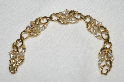 +MBA #E53-221   "Vintage Goldtone Faux Pearl & Clear Crystal Rhinestone Bracelet"