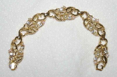 +MBA #E53-221   "Vintage Goldtone Faux Pearl & Clear Crystal Rhinestone Bracelet"