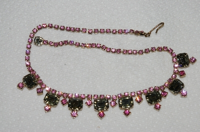 +MBA #E53-078   "Vintage Gold Tone Pink & Grey Crystal Rhinestone Choker"