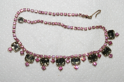 +MBA #E53-078   "Vintage Gold Tone Pink & Grey Crystal Rhinestone Choker"
