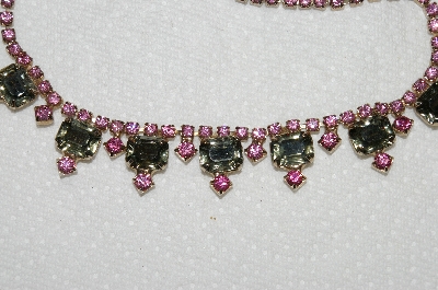 +MBA #E53-078   "Vintage Gold Tone Pink & Grey Crystal Rhinestone Choker"