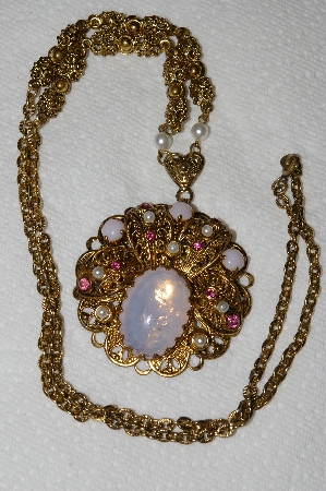 +MBA #E53-097    "Made In West Germany Opal Glass, Pink Crystal Rhinestone & Faux Pearl Necklace"