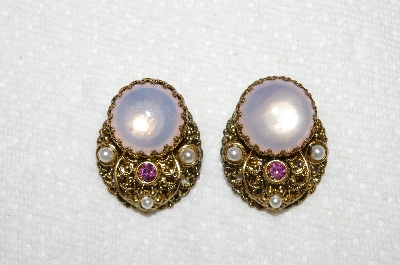 +MBA #E53-180   "Made In West Germany Opal Glass, Pink Crystal Rhinestones & Faux Pearl Clip On Earrings"