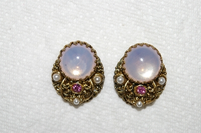 +MBA #E53-180   "Made In West Germany Opal Glass, Pink Crystal Rhinestones & Faux Pearl Clip On Earrings"