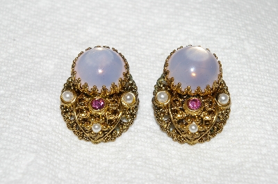 +MBA #E53-180   "Made In West Germany Opal Glass, Pink Crystal Rhinestones & Faux Pearl Clip On Earrings"