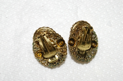 +MBA #E53-180   "Made In West Germany Opal Glass, Pink Crystal Rhinestones & Faux Pearl Clip On Earrings"