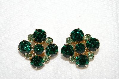 +MBA #E53-172   "Vintage Goldtone Green Rhinestone Clip On Earrings"