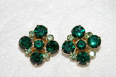 +MBA #E53-172   "Vintage Goldtone Green Rhinestone Clip On Earrings"