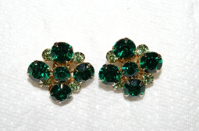 +MBA #E53-172   "Vintage Goldtone Green Rhinestone Clip On Earrings"