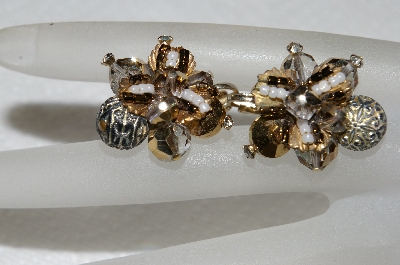 +MBA #E53-149   "Verdome Gold Tone Fancy Glass Bead Clip On Earrings"