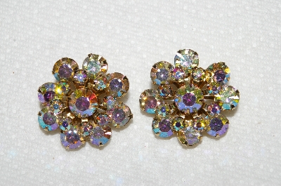 +MBA #E53-048   "Weiss Gold Tone AB Crystal Rhinestone Clip On Earrings"