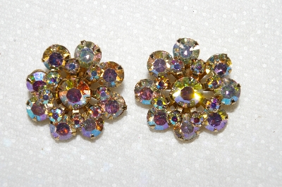 +MBA #E53-048   "Weiss Gold Tone AB Crystal Rhinestone Clip On Earrings"