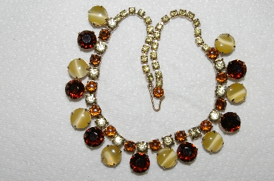 +MBA #E53-064   "Vintage Gold Tone Fancy Yellow Tigers Eye Glass Stones & Rootbeer Colored Rhinetone Choker"