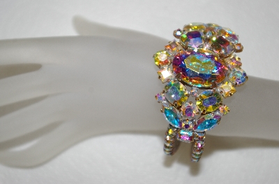+MBA #E53-012   "Lilien Large Gold Tone AB Crystal Acrylic Stone Hinged Bracelet"