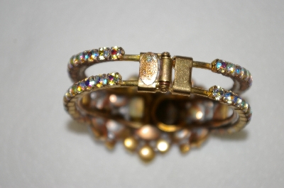 +MBA #E53-012   "Lilien Large Gold Tone AB Crystal Acrylic Stone Hinged Bracelet"