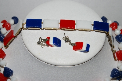 +MBA #E51-100    "Vintage Lot Of  3 Pieces Of  Red, White & Blue Thermoplastic Jewelry"