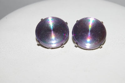 +MBA #E51-422    "Vintage Silvertone AB Acrylic Disk Earrings"