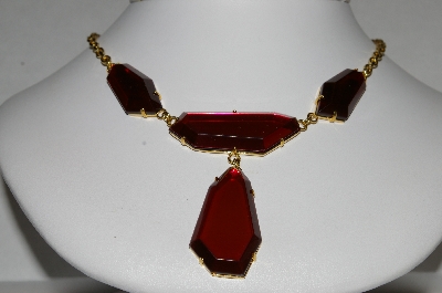 +MBA #E51-175   "Vintage Gold Plated Red Lucite Stone Necklace"