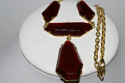 +MBA #E51-175   "Vintage Gold Plated Red Lucite Stone Necklace"