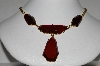 +MBA #E51-175   "Vintage Gold Plated Red Lucite Stone Necklace"