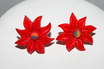 +MBA #E51-425   "Vintage Red Thermoplastic Poinsettia Screw Back Earrings"