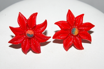 +MBA #E51-425   "Vintage Red Thermoplastic Poinsettia Screw Back Earrings"