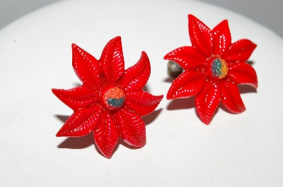 +MBA #E51-425   "Vintage Red Thermoplastic Poinsettia Screw Back Earrings"