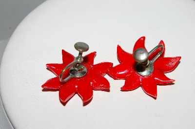+MBA #E51-425   "Vintage Red Thermoplastic Poinsettia Screw Back Earrings"
