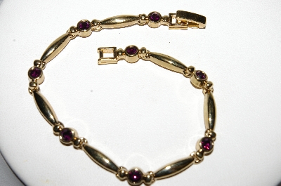 +MBA #E51-465   "Vintage Gold Plated Amethyst Fancy Link Bracelet"