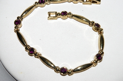 +MBA #E51-465   "Vintage Gold Plated Amethyst Fancy Link Bracelet"
