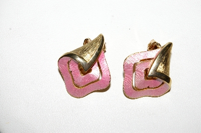 +MBA #E51-449   "Vintage Gold Plated Pink Enameled Clip On Earrings"