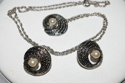 +MBA #E51-432   "Vintage Designer Stamped Silvertone Faux Pearl Pendant  & Earring Set"