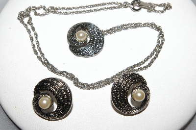 +MBA #E51-432   "Vintage Designer Stamped Silvertone Faux Pearl Pendant  & Earring Set"