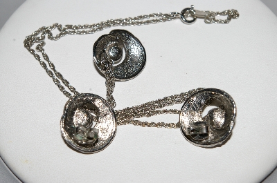 +MBA #E51-432   "Vintage Designer Stamped Silvertone Faux Pearl Pendant  & Earring Set"