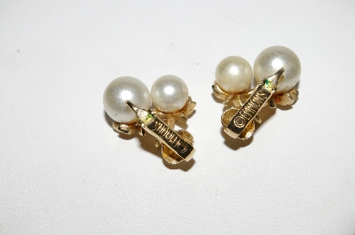 +MBA #E51-428   "Emmons Gold Plated Faux Glass Pearl Clip On Earrings"