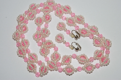 +MBA #E51-471   "Older Hand Made Faux Pearl & Pink Lucite Bead Necklace & Earrings Set"