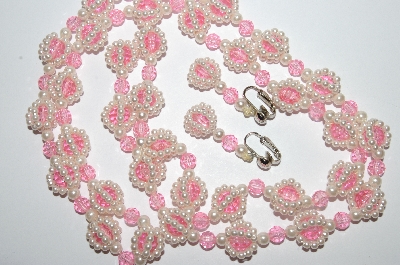 +MBA #E51-471   "Older Hand Made Faux Pearl & Pink Lucite Bead Necklace & Earrings Set"