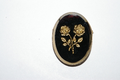 **MBA #E51-317    "Vintage Gold Tone Black Acrylic Gold  Rose Pin"
