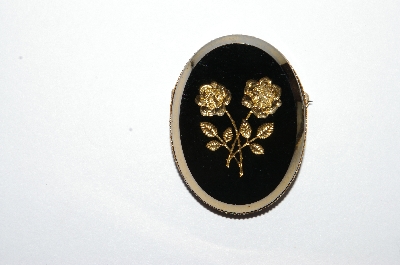 **MBA #E51-317    "Vintage Gold Tone Black Acrylic Gold  Rose Pin"