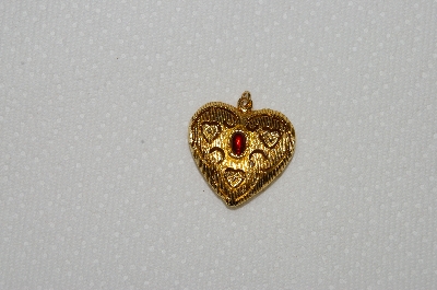 +MBA #E54-010    "Vintage Gold Plated Red Glass Stone Fancy Heart Pendant"