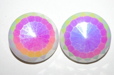 +MBA #E51-051    "Made In Western Germany White AB Finish Milk Glass Disk Clip On Earrings"
