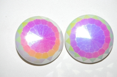 +MBA #E51-051    "Made In Western Germany White AB Finish Milk Glass Disk Clip On Earrings"