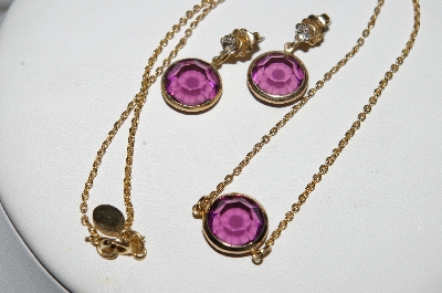 +MBA #E51-076   "Avon Gold Tone Purple Glass Necklace & Pierced Earring Set"