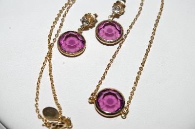 +MBA #E51-076   "Avon Gold Tone Purple Glass Necklace & Pierced Earring Set"