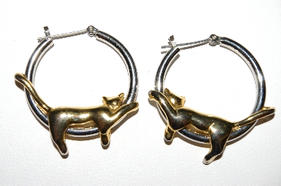 +MBA #E51-042   "Older Two Tone Cats On Hoops Pierced Earrings"