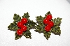 +MBA #E51-003   "Vintage Thermoplastic Holly Leaf With 4 Berries Clip On Earrings"