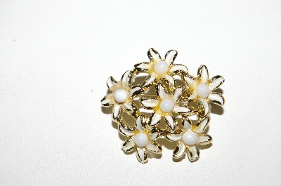**MBA #E51-256   "Vintage Gold Plated White Enamel & Bead 6 Flower Pin"